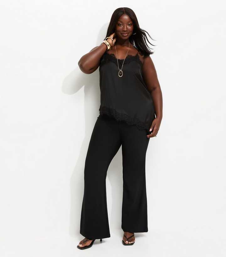 Curves Black Ottoman Rib Flare Trousers