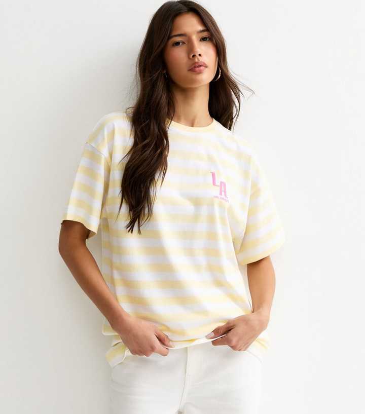 Yellow Striped LA Print Oversized T-Shirt