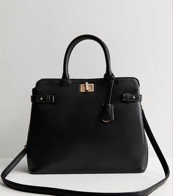 Black Faux Leather Turn Lock Gusset Tote Bag