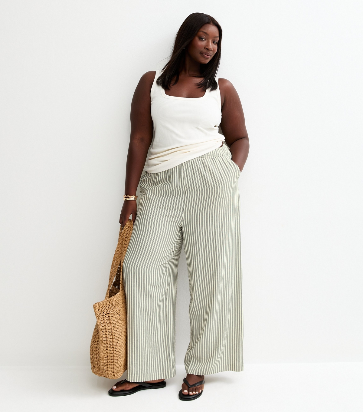Women's Plus Size Cream Seersucker Striped Wide Leg Trousers Curves New Look