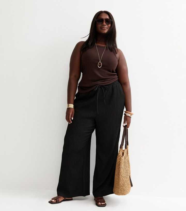 Curves Black Crinkled Jersey Wide Leg Trousers