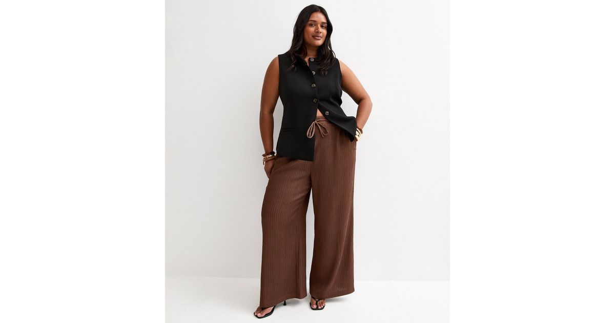 Curves Brown Crinkled Jersey Wide Leg Trousers | New Look