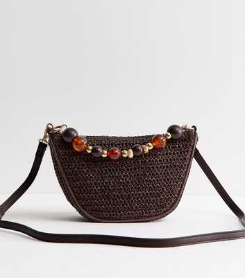 Dark Brown Woven Slouchy Beaded Top Handle Bag