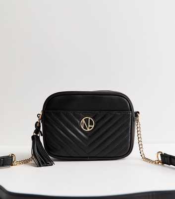 Black Faux Leather Quilted Front Pocket Crossbody Bag