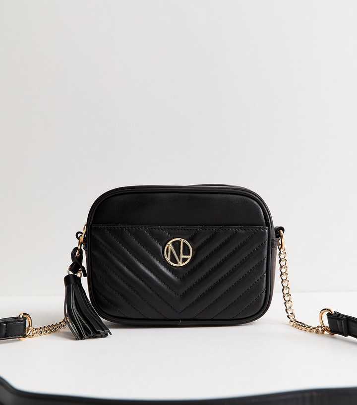Black Faux Leather Quilted Front Pocket Crossbody Bag