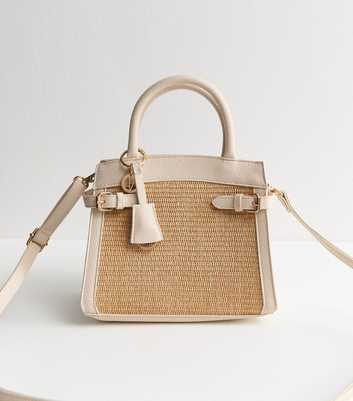 Cream Mini Raffia Look Triple Compartment Cross Body Bag