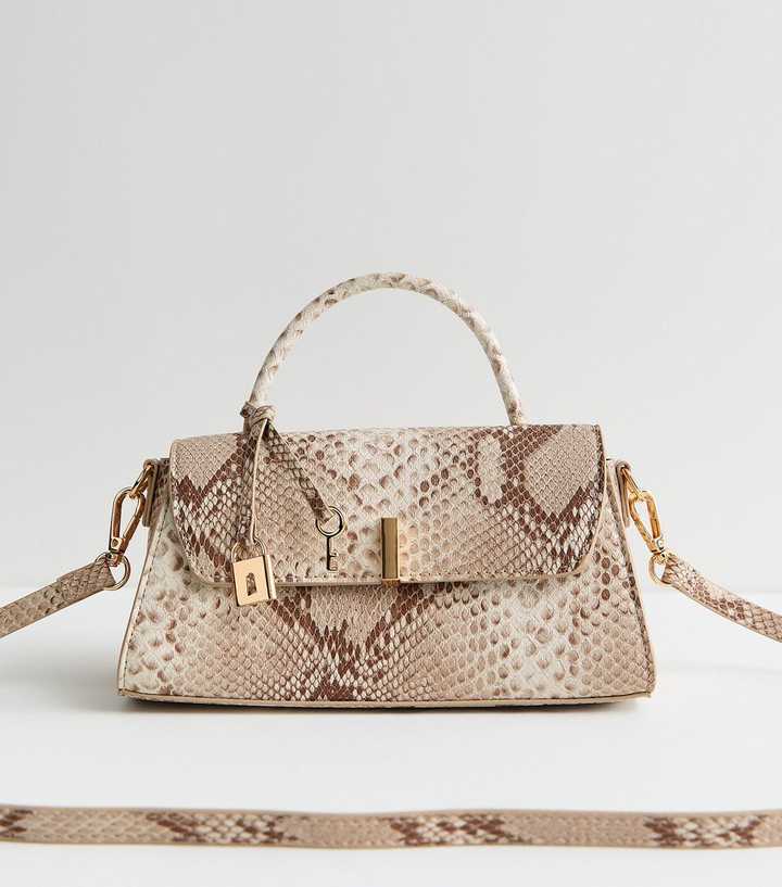 Grey Snake Effect Faux Leather Top Handle Bag