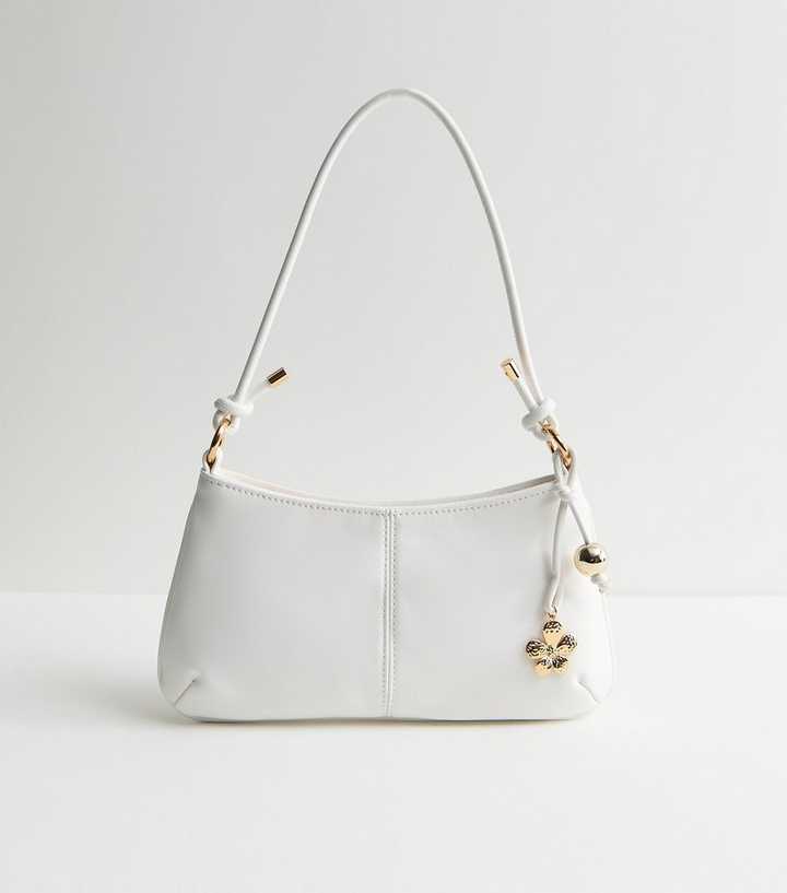 White Faux Leather Flower Charm Shoulder Bag