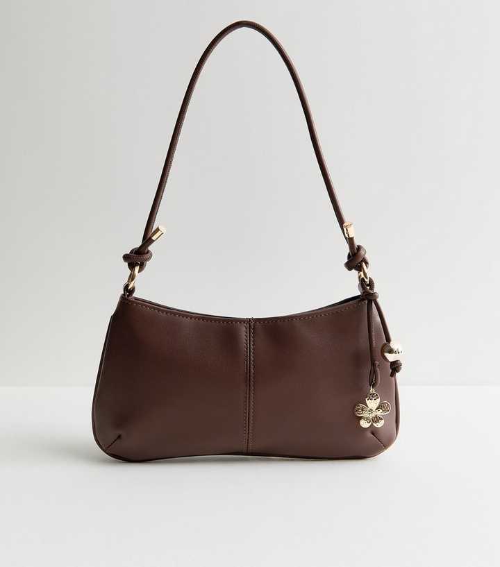 Brown Faux Leather Flower Charm Shoulder Bag