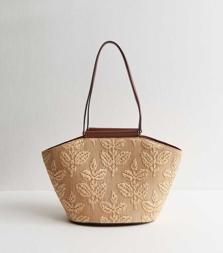 Stone Floral Raffia Look Tote Bag