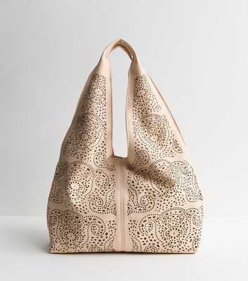 Cream Faux Leather Slouchy Laser Cut Shoulder Bag