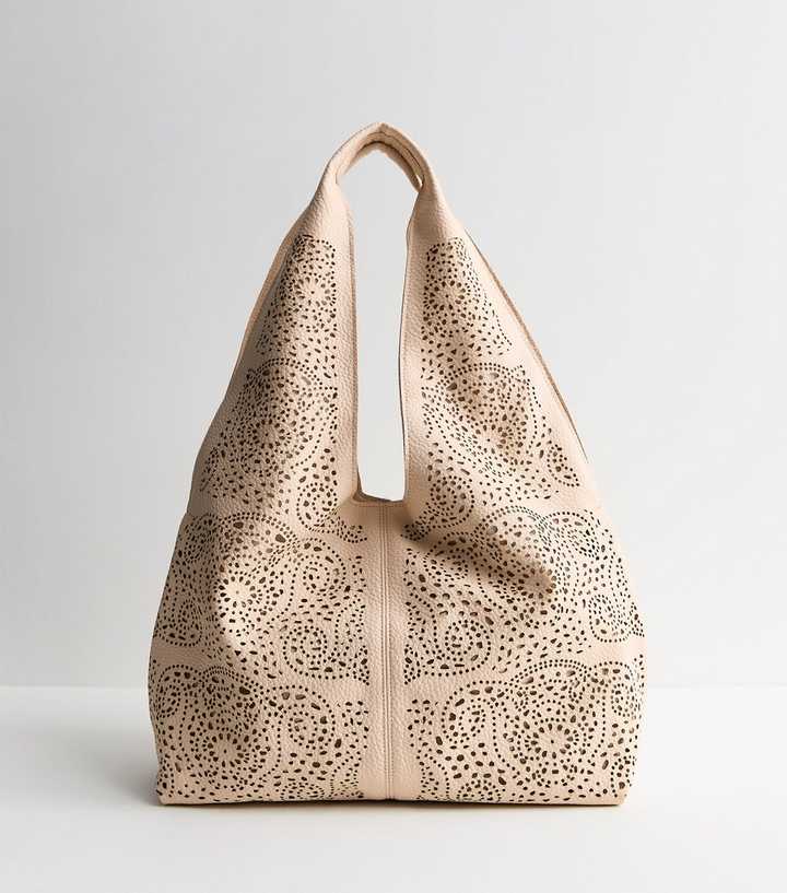 Cream Faux Leather Slouchy Laser Cut Shoulder Bag