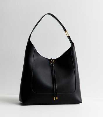 Black Faux Leather Tassel Hobo Tote Bag
