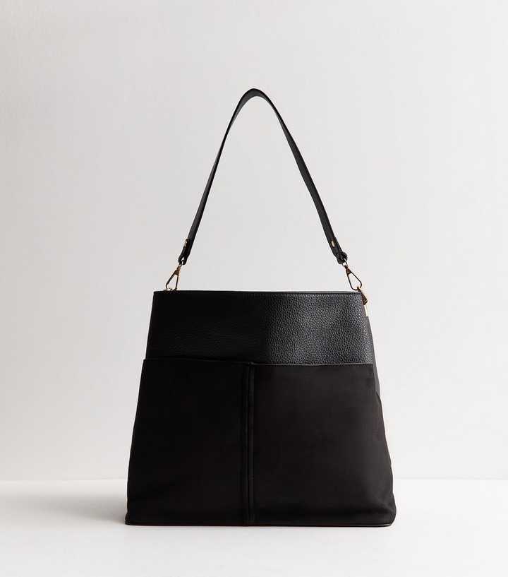 Black Faux-Suede Panel Triple Compartment Tote Bag