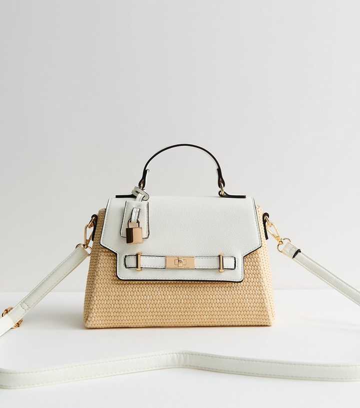 White Faux Leather Turn Lock Top Handle Crossbody Bag