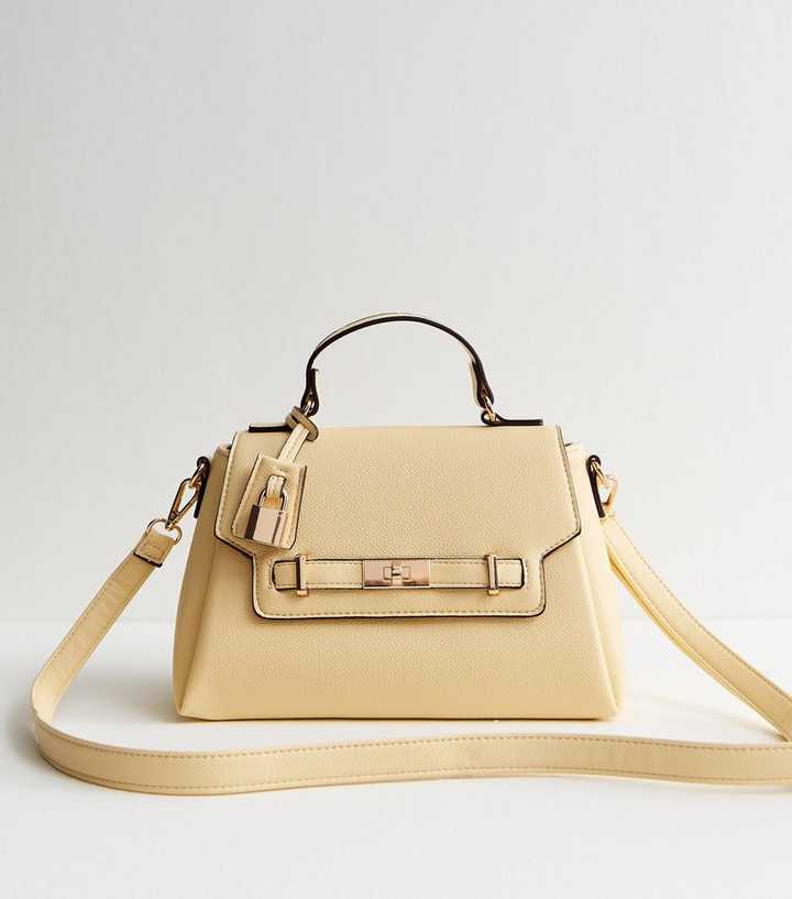 Light Yellow Faux Leather Turn Lock Top Handle Crossbody Bag