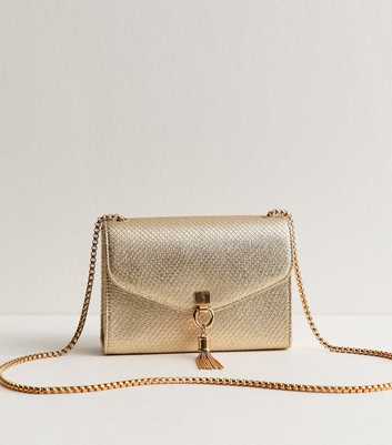 Gold Faux Leather Snake Embossed Tassel Crossbody Bag
