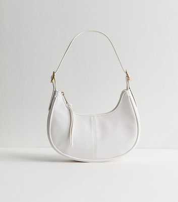 White Grained Faux Leather Oval Buckle Shoulder Bag