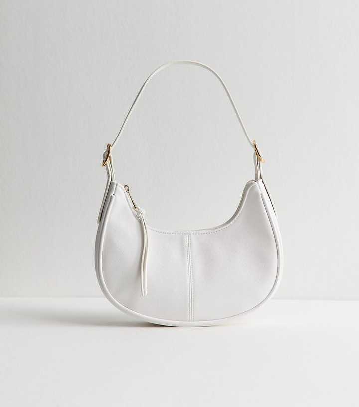 White Grained Faux Leather Oval Buckle Shoulder Bag