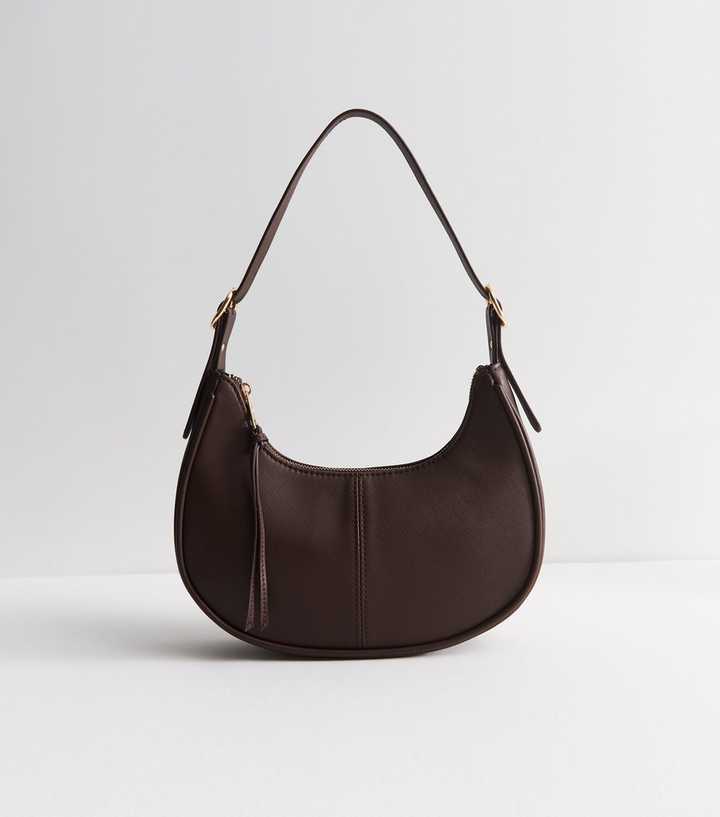 Dark Brown Grained Faux Leather Oval Buckle Shoulder Bag