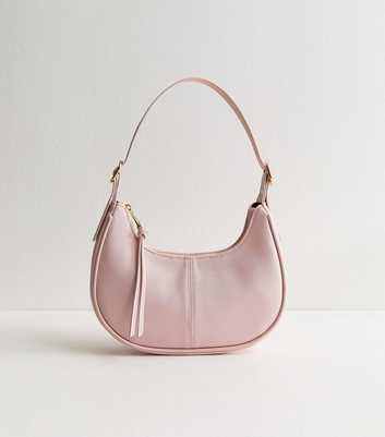 Light Pink Grained Faux Leather Oval Buckle Shoulder Bag