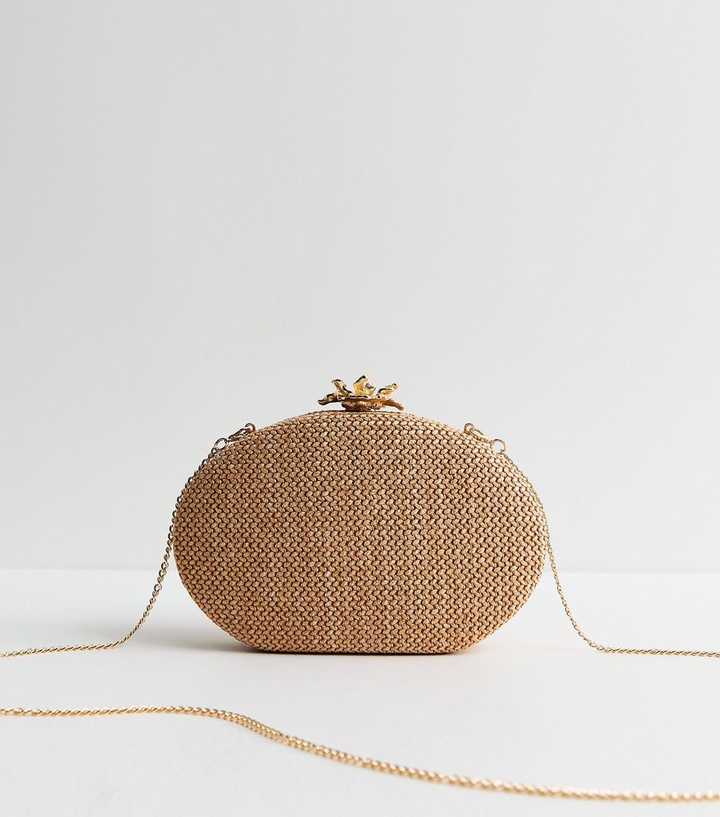 Stone Raffia Look Flower Clasp Box Clutch