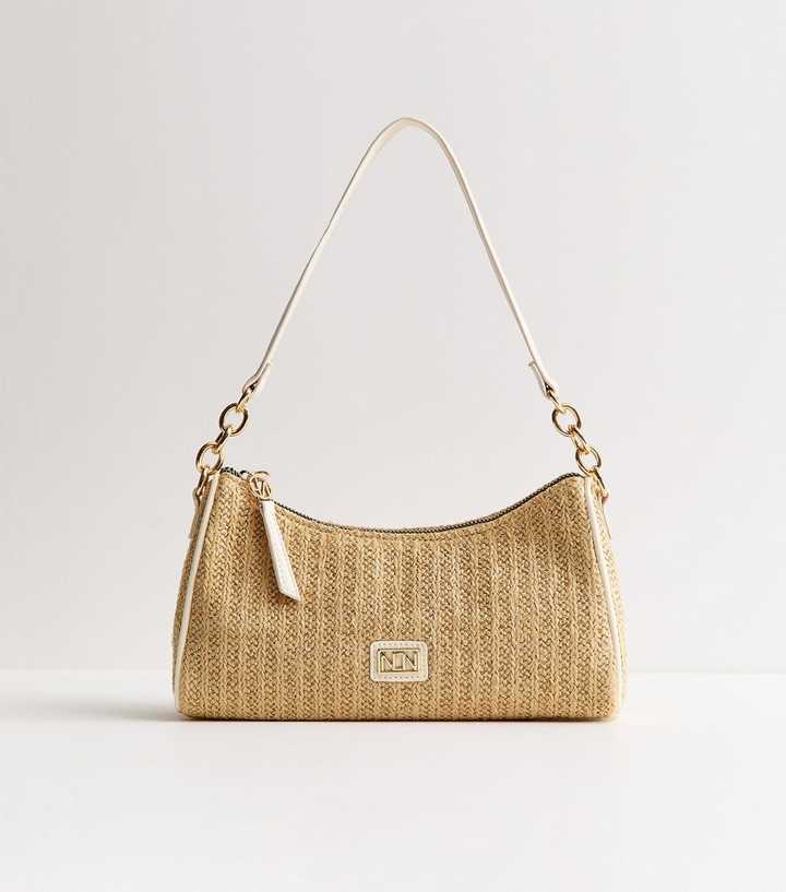 Stone Woven Raffia Look Shoulder Bag