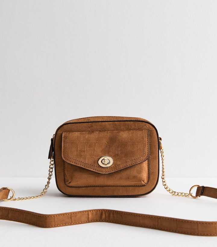 Tan Faux Suede Croc Embossed Crossbody Bag