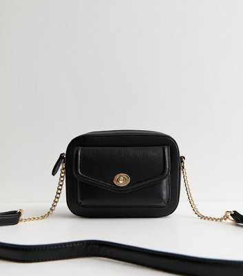 Black Grained Faux Leather Turn Lock Crossbody bag
