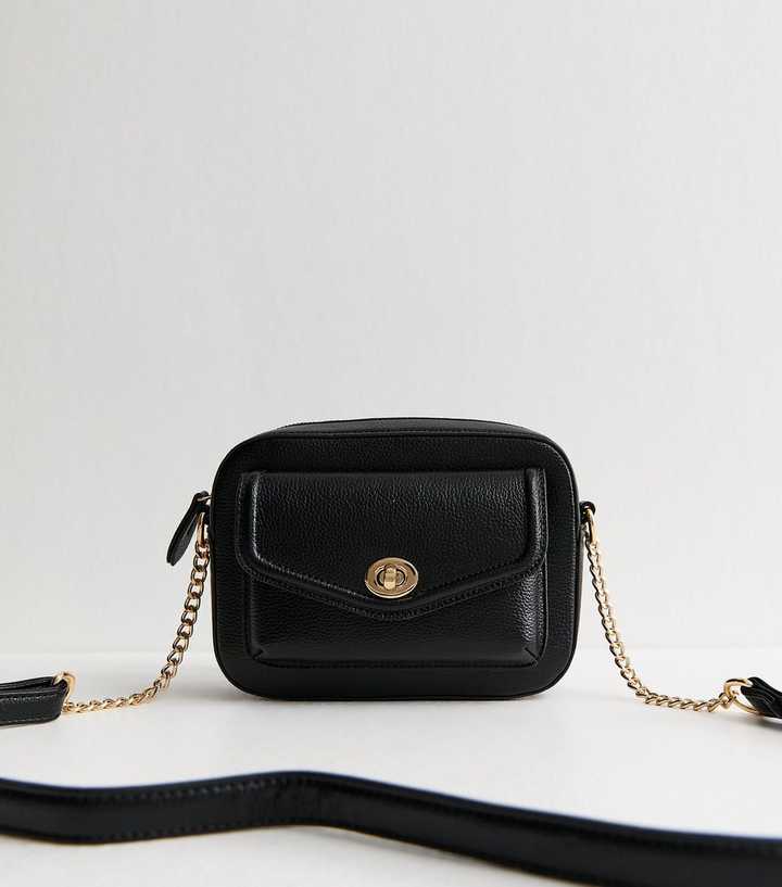 Black Grained Faux Leather Turn Lock Crossbody bag