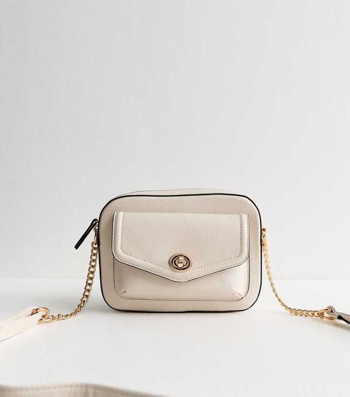 Cream Grained Faux Leather Turn Lock Crossbody bag