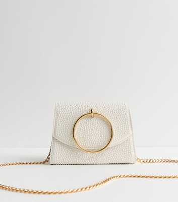 Cream Faux Pearl Embellished Chain Shoulder Bag