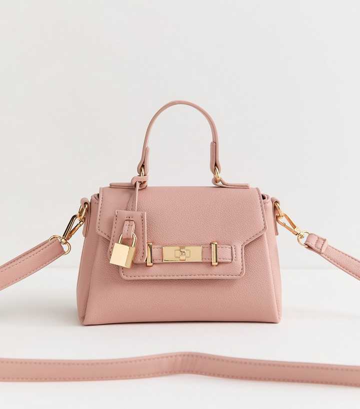 Light Pink Mini Faux Leather Turn Lock Crossbody Bag