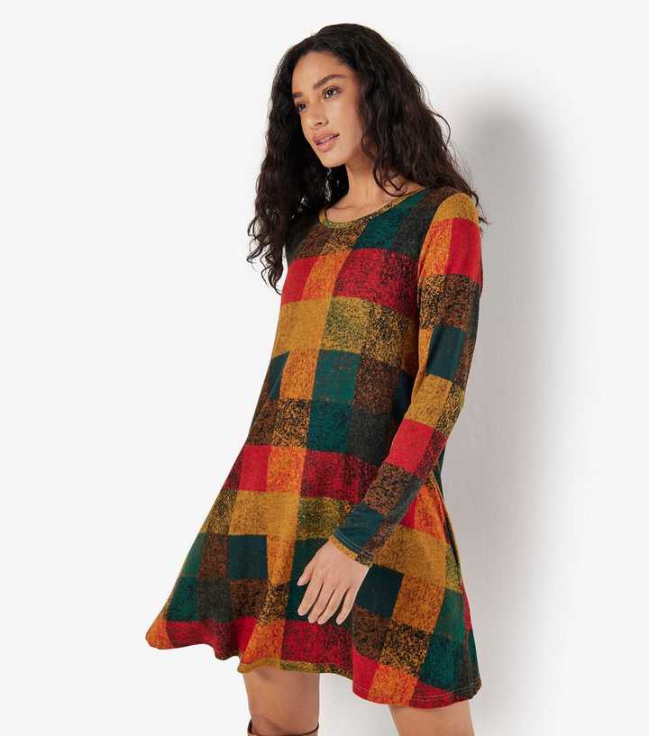 Apricot Dark Green Textured Squares Swing Dress