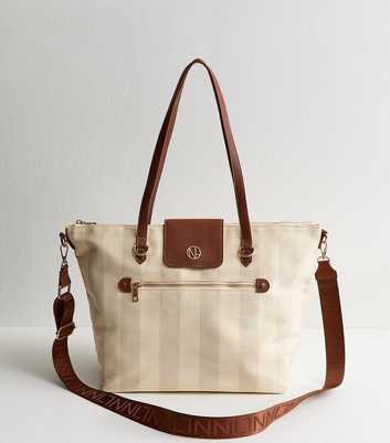 Cream Striped Canvas Faux Leather Trimmed Tote Bag