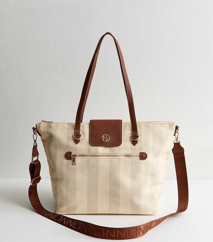 Cream Striped Canvas Faux Leather Trimmed Tote Bag