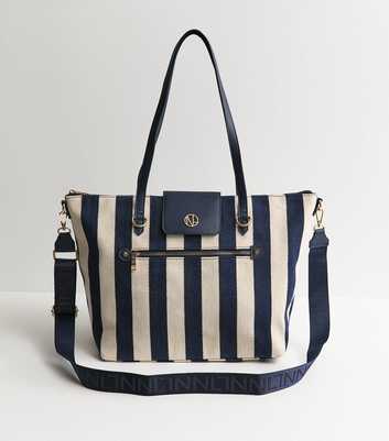 Dark Blue Striped Canvas Faux Leather Trimmed Tote Bag