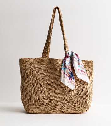 Stone Oversized Woven Tote with Scarf
