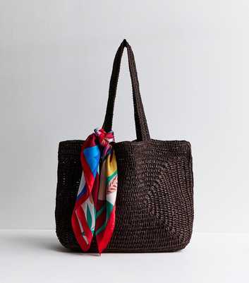 Chocolate Oversized Woven Tote with Scarf