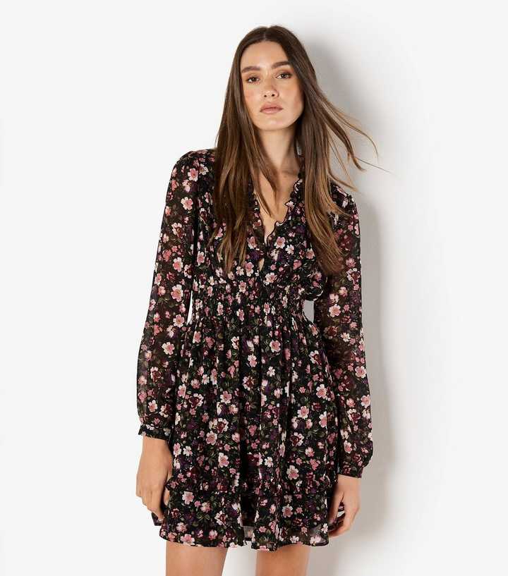 Apricot Black Painterly Floral Ruffle Dress | New Look