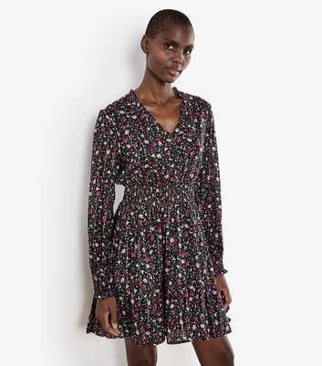 Apricot Black Lurex Shirred Floral Dress