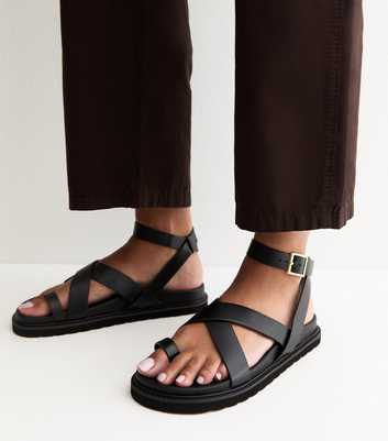 Black Faux Suede Toe Loop Chunky Flat Sandals