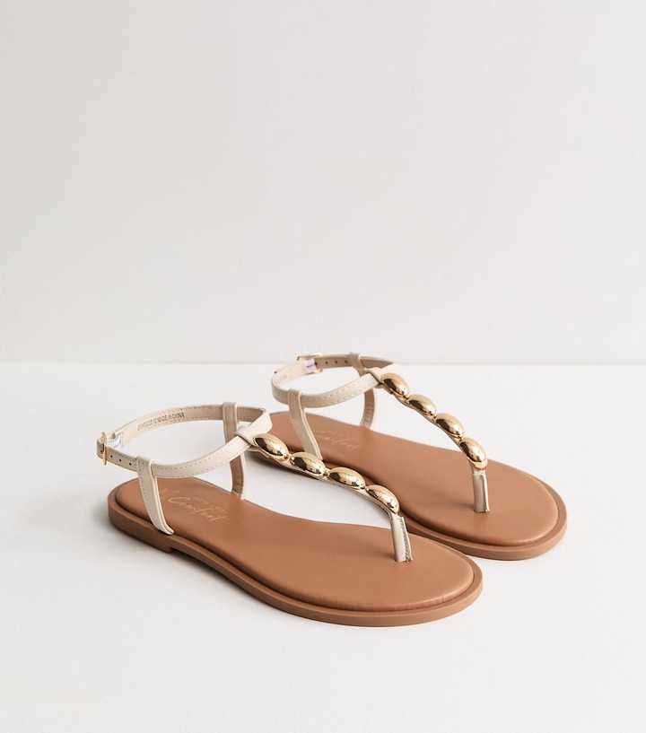Wide Fit Off White Faux Leather Metal Toe Post Sandals