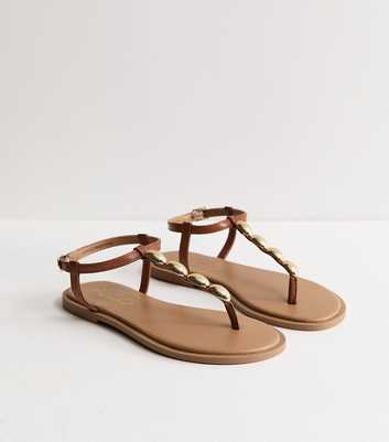 Wide Fit Tan Faux Leather Metal Toe Post Sandals