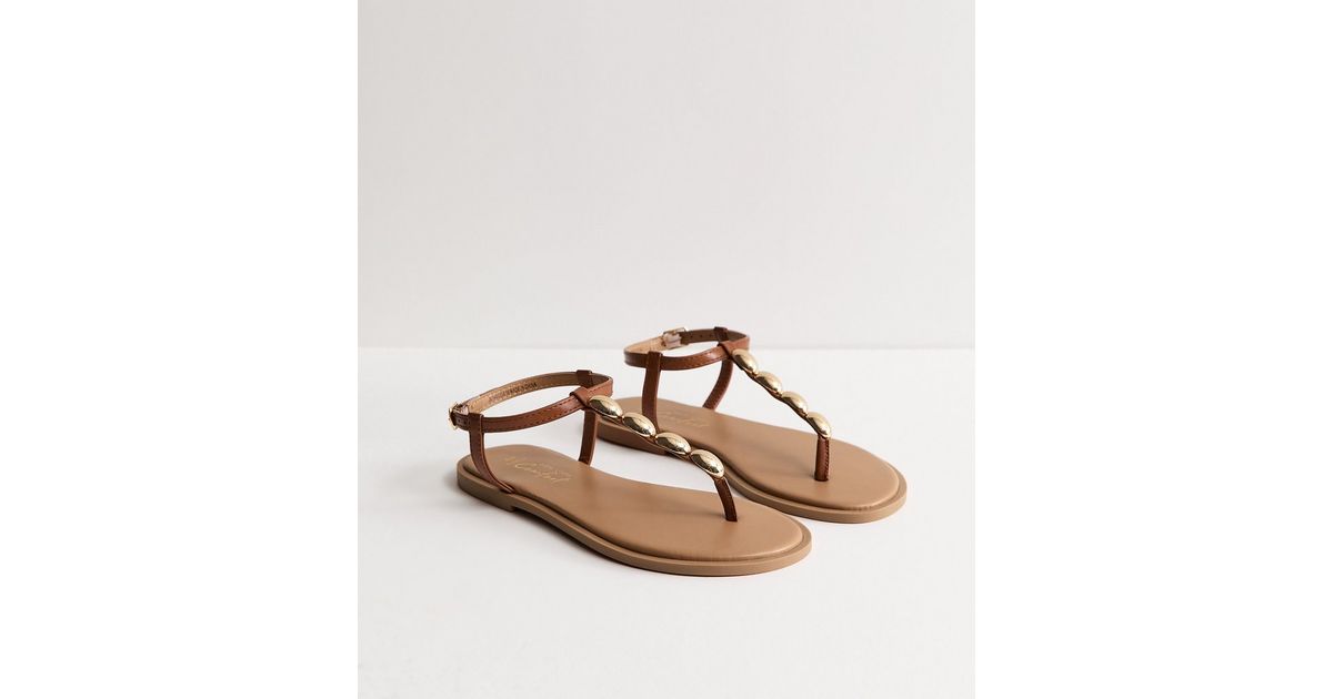 Wide Fit Tan Faux Leather Metal Toe Post Sandals | New Look