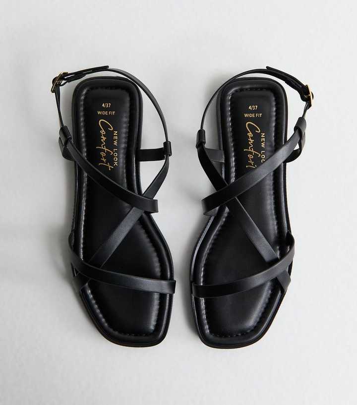 Wide Fit Black Faux Leather Multi Strap Flat Sandals
