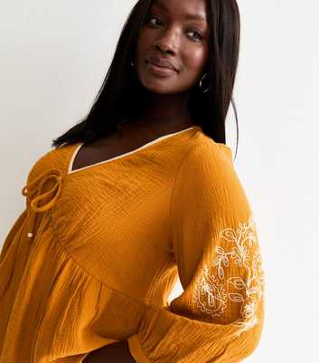 Curves Burnt Orange Embroidered Cropped Sleeve Tea Top