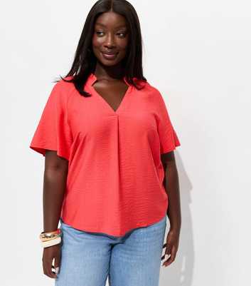 Curves Coral Grandad Neck Flutter Sleeve Blouse