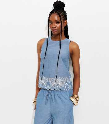 Tall Blue Embroidered Scalloped Hem Top