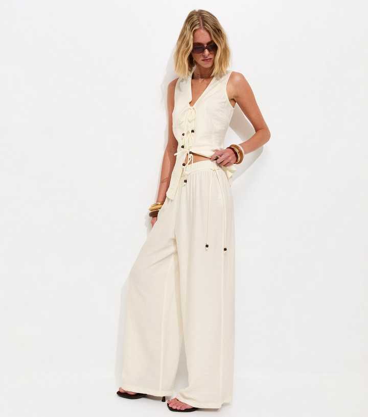 Off White Beaded Tie Wide Leg Trousers